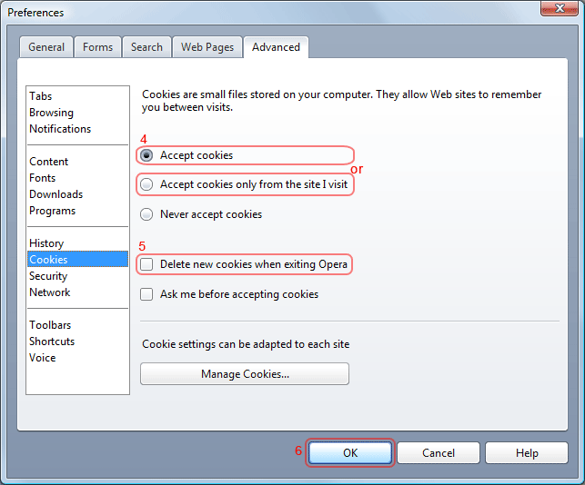 Opera cookies - Accept cookies