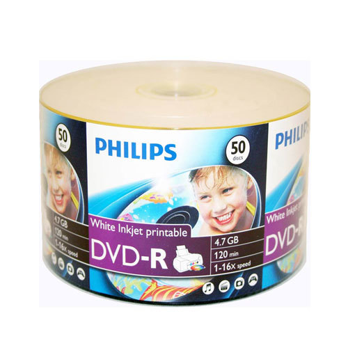 Philips White Inkjet Printable 16X DVD R Disc Clear Hub 