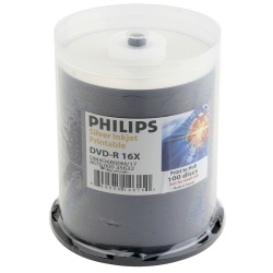 Philips DVD-R 16X 4.7GB Matte Silver Metalized Hub Inkjet Printable Blank Media Discs in Cake Box (100 Per Pack)