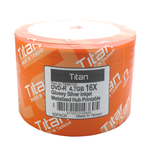 Titan Glossy Silver Inkjet Metalized Hub Printable 16X DVD R Blank Disc